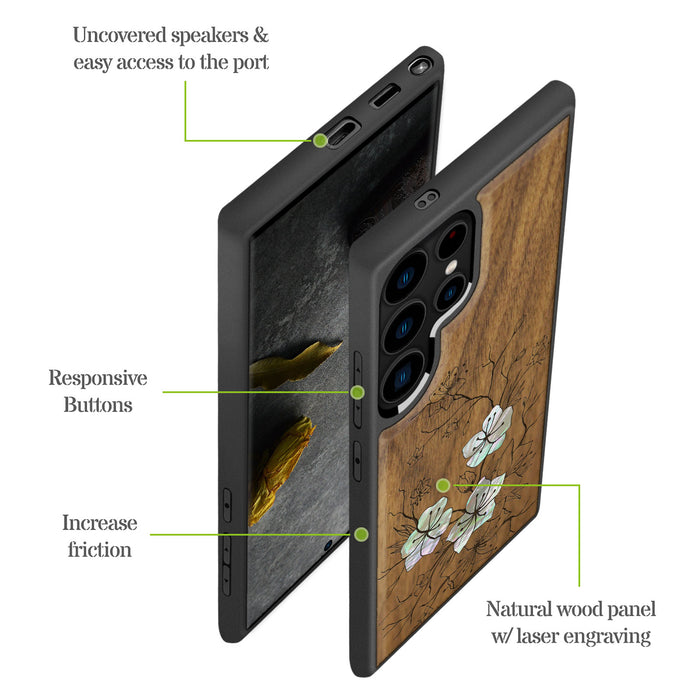 Whispering Sakura Blooms, Hand-Inlaid Wood & Mother of Pearl Case - Artisanal Cover for Samsung Galaxy