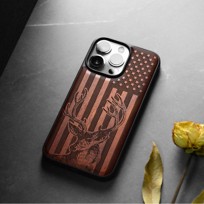 Deer Against the Backdrop of Stars and Stripes, Classic Engraved Wood & TPU Case - Artisanal Cover for Apple iPhone