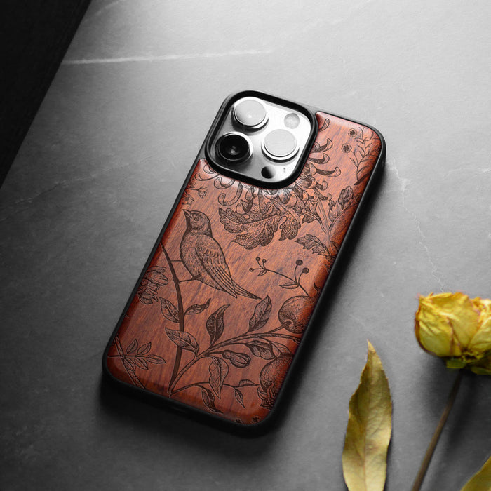 The Chrysanthemum and the Songbird, Classic Engraved Wood & TPU Case - Artisanal Cover for Apple iPhone