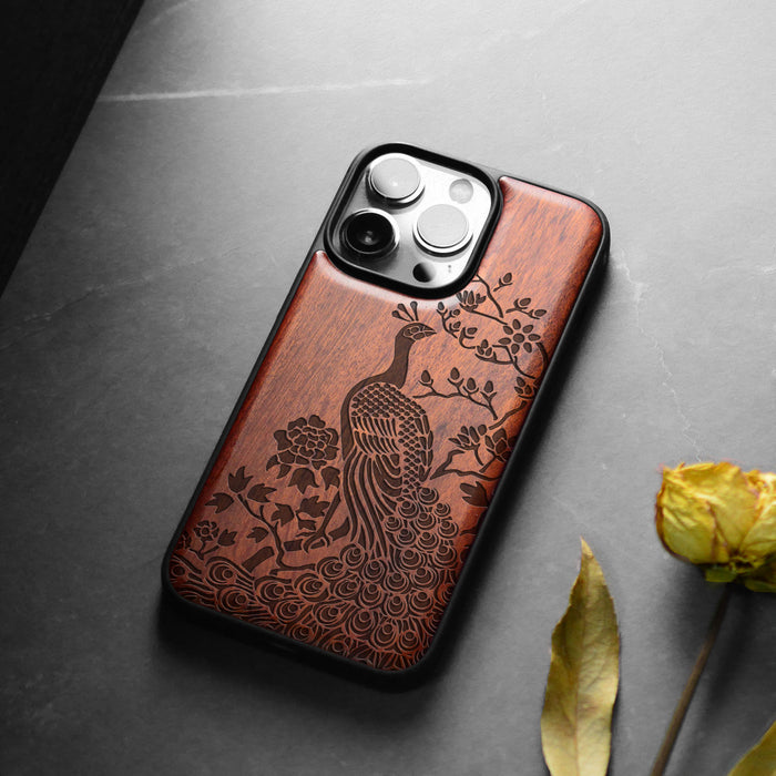 The Majestic Asian Peacock, Classic Engraved Wood & TPU Case - Artisanal Cover for Apple iPhone