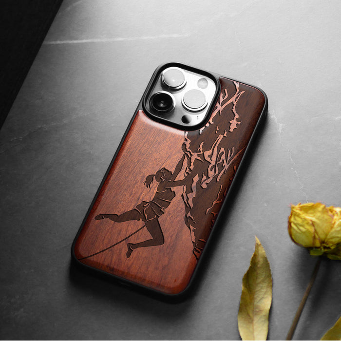 Woman Ascending the Cliff, Classic Engraved Wood & TPU Case - Artisanal Cover for Apple iPhone