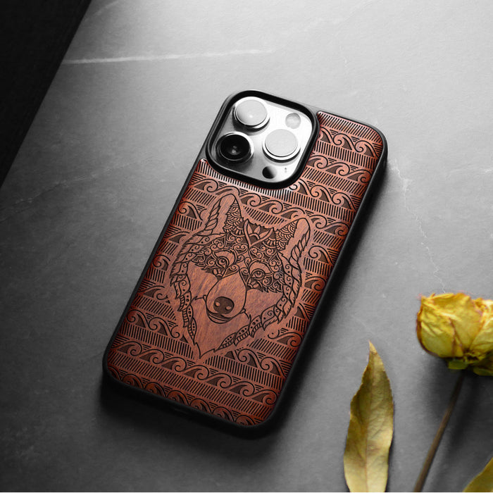 The Mystical Canine, Classic Engraved Wood & TPU Case - Artisanal Cover for Apple iPhone