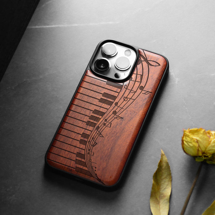 Melodic Waves, Classic Engraved Wood & TPU Case - Artisanal Cover for Apple iPhone