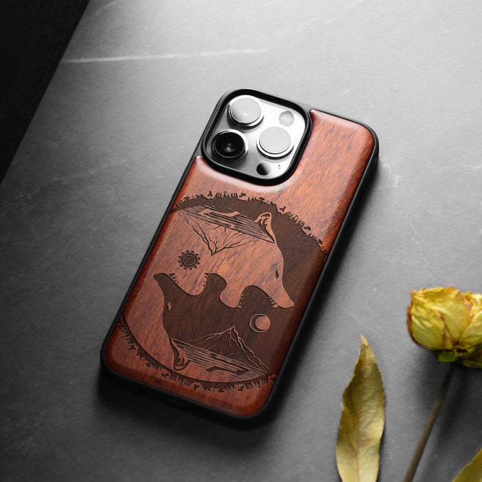 Yin-Yang Wolf, Classic Engraved Wood & TPU Case - Artisanal Cover for Apple iPhone