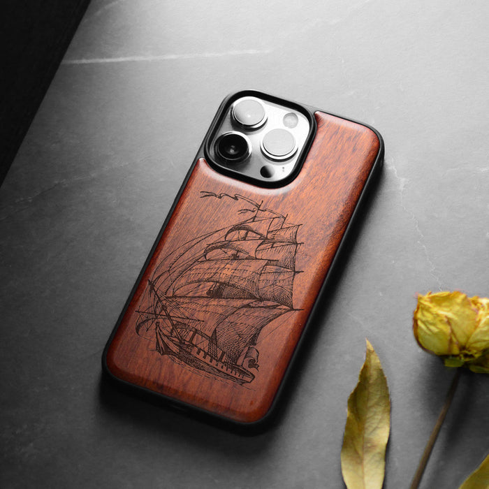 Pirate Ship Line Work, Classic Engraved Wood & TPU Case - Artisanal Cover for Apple iPhone