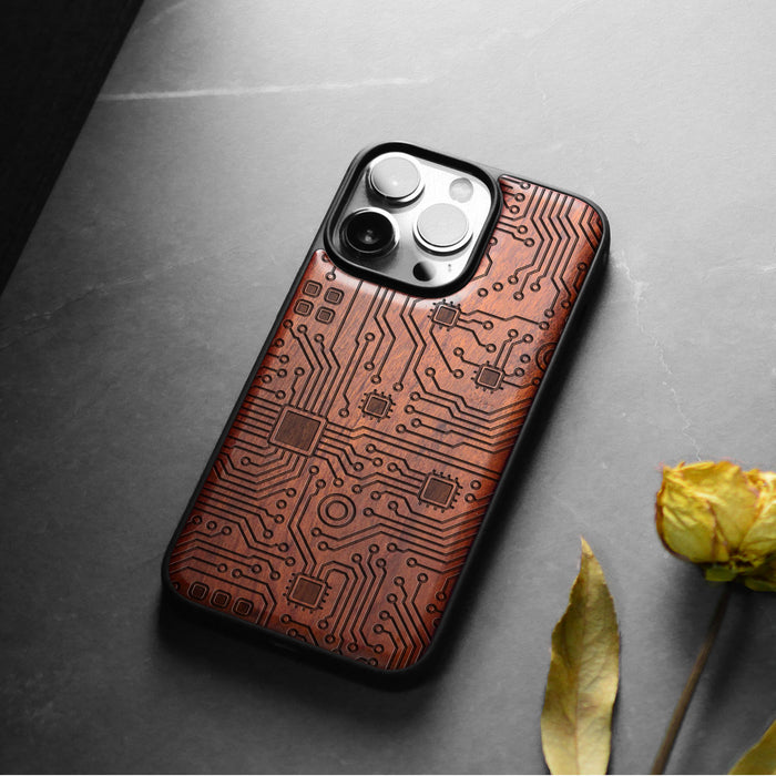 Abstract Motherboard Linework Art, Classic Engraved Wood & TPU Case - Artisanal Cover for Apple iPhone