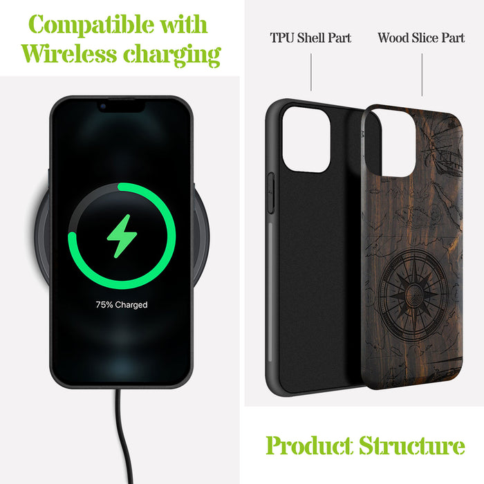 The Compass Amidst Pirates' Legacy, Classic Engraved Wood & TPU Case - Artisanal Cover for Apple iPhone