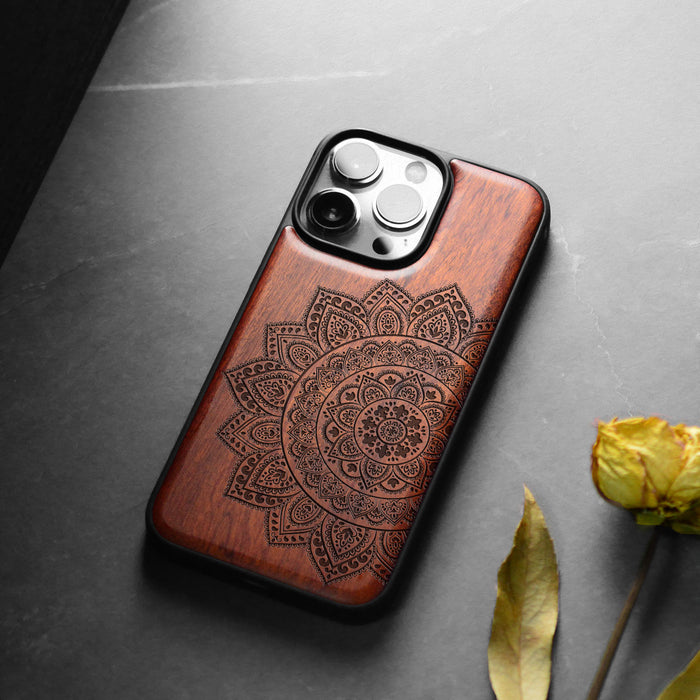 The Half Mandala Lace Pattern, Classic Engraved Wood & TPU Case - Artisanal Cover for Apple iPhone