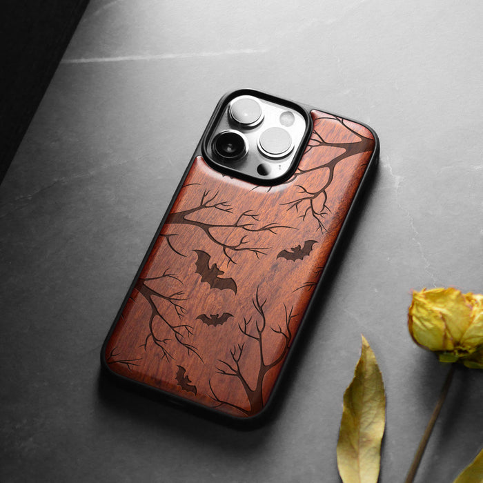 Bats in the Moonlight, Classic Engraved Wood & TPU Case - Artisanal Cover for Apple iPhone