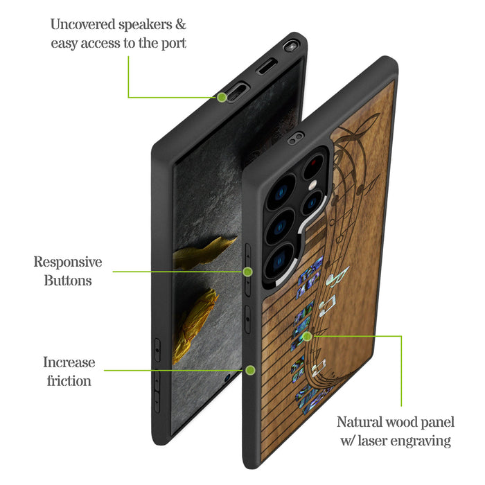 Melodic Wave Symphony, Hand-Inlaid Wood & Mother of Pearl Case - Artisanal Cover for Samsung Galaxy