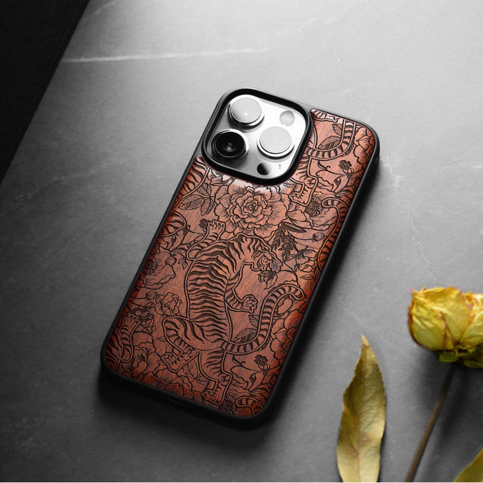 A Tiger Amidst Flowers and Vines, Classic Engraved Wood & TPU Case - Artisanal Cover for Apple iPhone