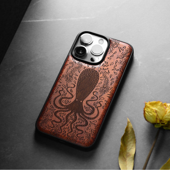 The Floral Octopus, Classic Engraved Wood & TPU Case - Artisanal Cover for Apple iPhone