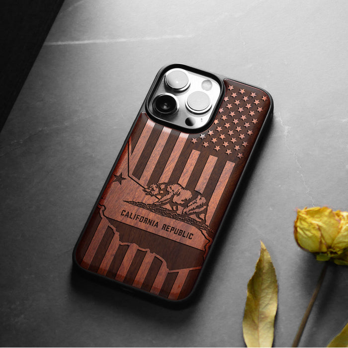 California's Emblematic Tribute, Classic Engraved Wood & TPU Case - Artisanal Cover for Apple iPhone