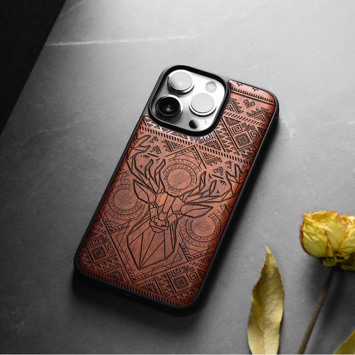 Geometric Deer Amidst Intricate Patterns, Classic Engraved Wood & TPU Case - Artisanal Cover for Apple iPhone