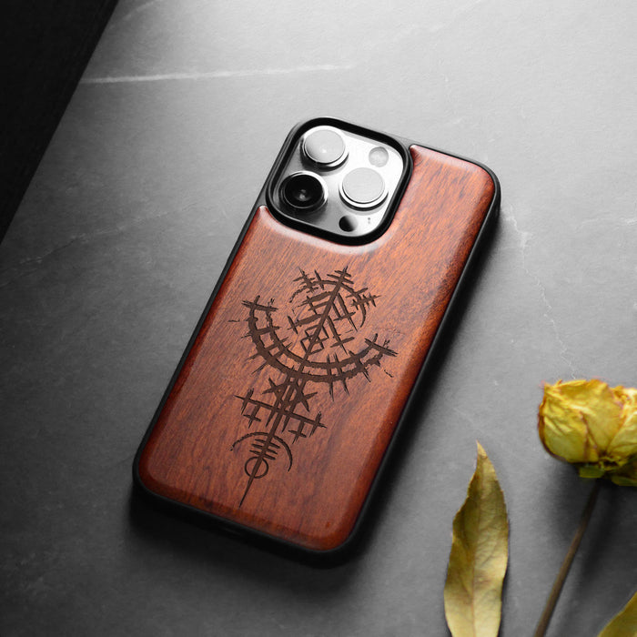 Vegvísir, Classic Engraved Wood & TPU Case - Artisanal Cover for Apple iPhone