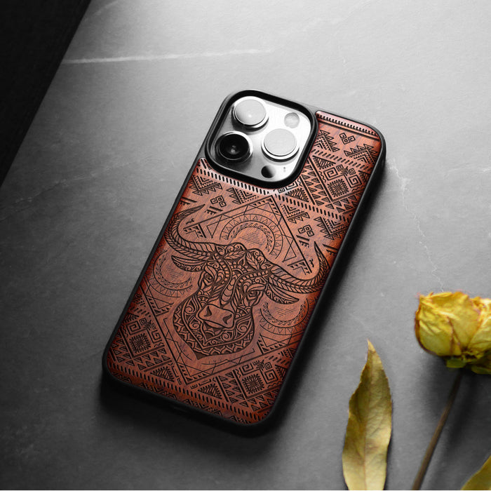 The Sacred Bovine, Classic Engraved Wood & TPU Case - Artisanal Cover for Apple iPhone