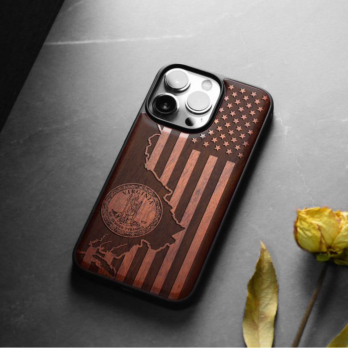 Virginia and Star Flag, Classic Engraved Wood & TPU Case - Artisanal Cover for Apple iPhone