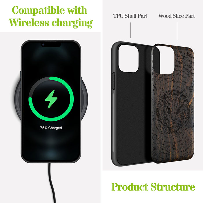 Dragon Skull within an Octagonal Star, Classic Engraved Wood & TPU Case - Artisanal Cover for Apple iPhone