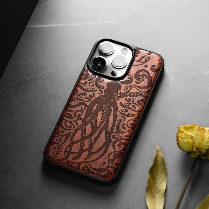 The Octopus's Nocturne, Classic Engraved Wood & TPU Case - Artisanal Cover for Apple iPhone