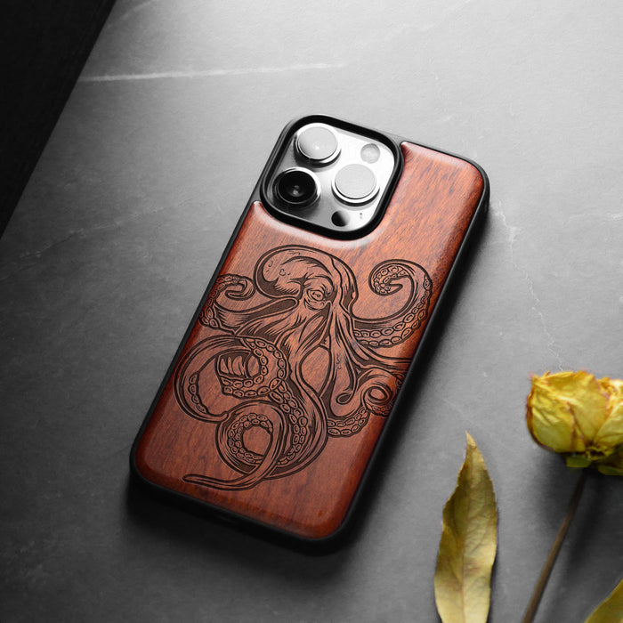 Bodybuilding Octopus Illustration, Classic Engraved Wood & TPU Case - Artisanal Cover for Apple iPhone