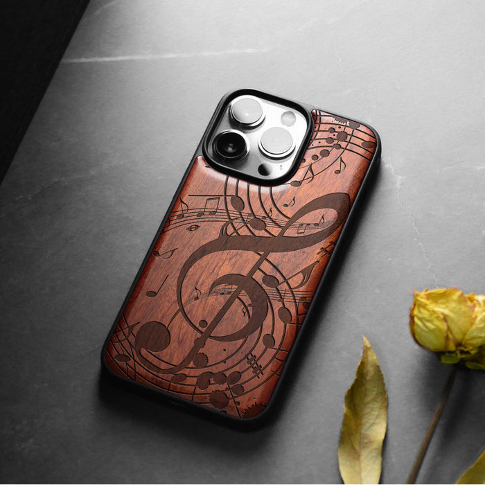 The Grand Clef and Musical Notes, Classic Engraved Wood & TPU Case - Artisanal Cover for Apple iPhone