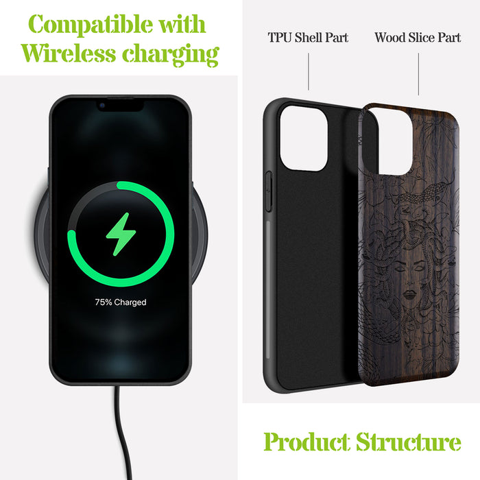 The Medusa Enigma, Classic Engraved Wood & TPU Case - Artisanal Cover for Apple iPhone