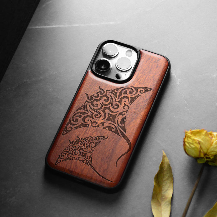 Polynesian Manta Rays, Classic Engraved Wood & TPU Case - Artisanal Cover for Apple iPhone