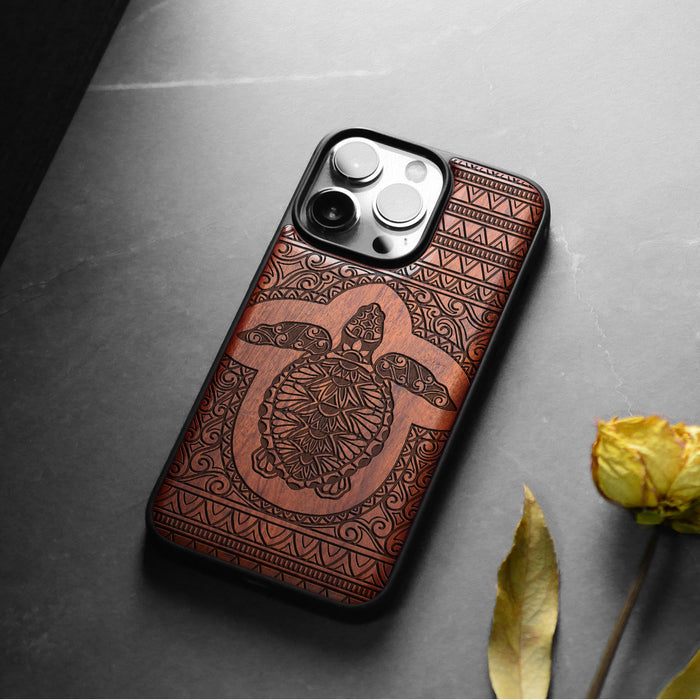 The Enigmatic Turtle, Classic Engraved Wood & TPU Case - Artisanal Cover for Apple iPhone