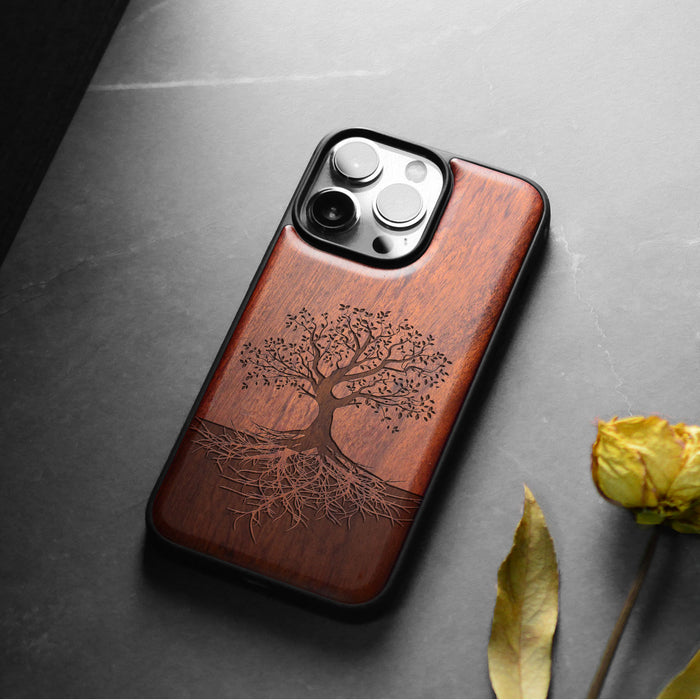 The Yin Yang Tree, Classic Engraved Wood & TPU Case - Artisanal Cover for Apple iPhone