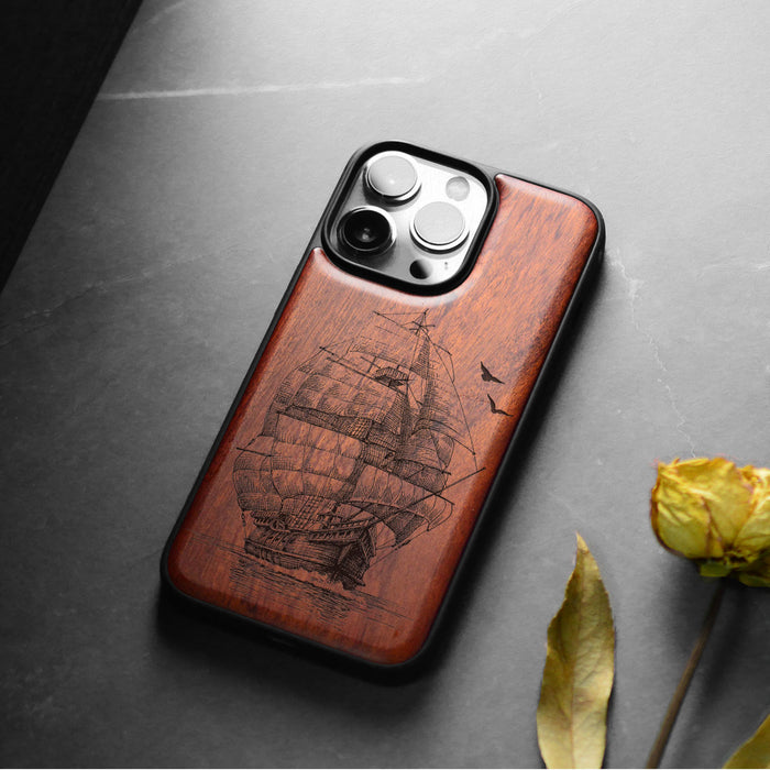 Sailboat on the Sea, Classic Engraved Wood & TPU Case - Artisanal Cover for Apple iPhone