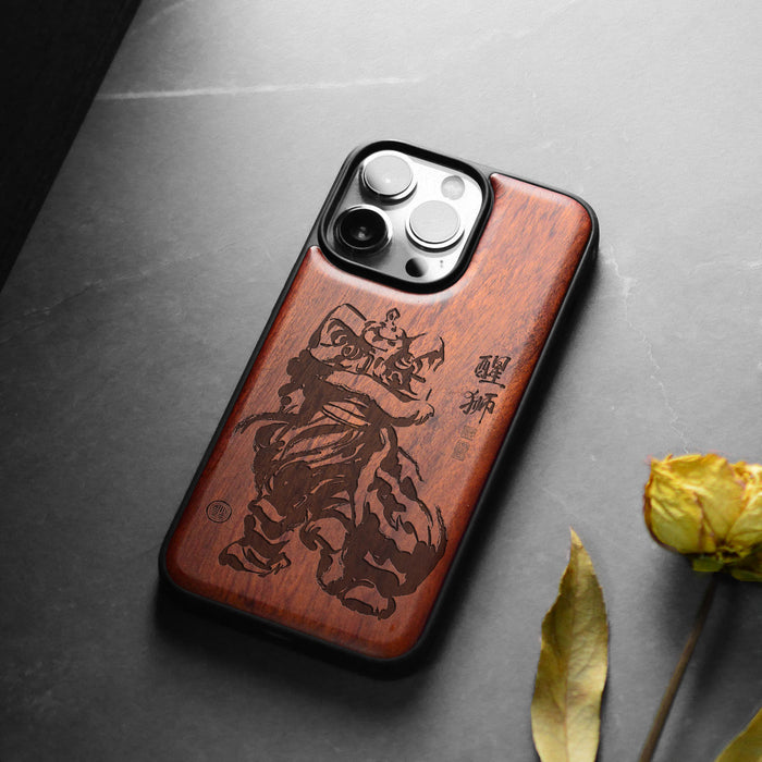 Lunar Lion, Classic Engraved Wood & TPU Case - Artisanal Cover for Apple iPhone