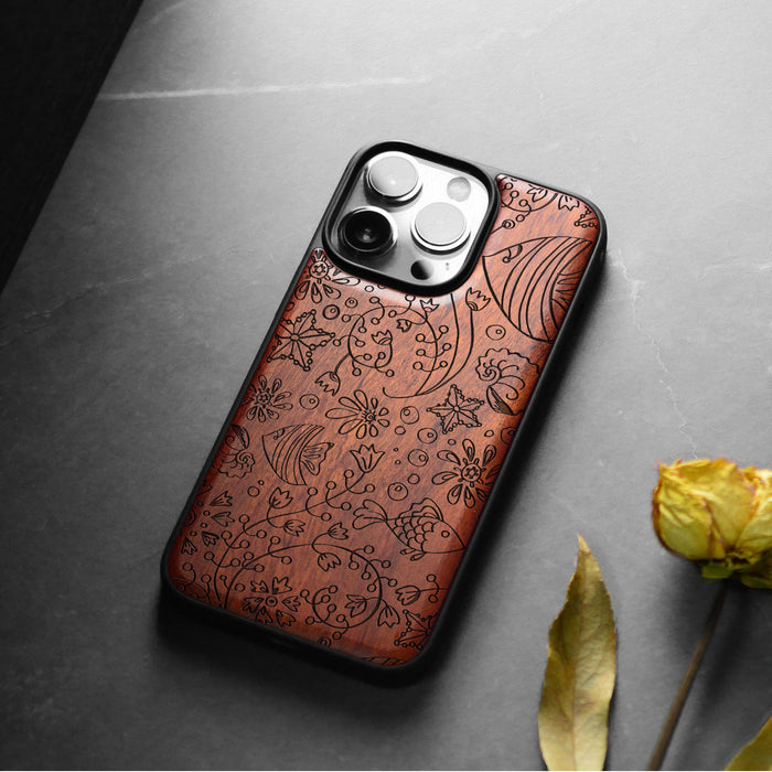 Seamless Linework of Oceanic Life, Classic Engraved Wood & TPU Case - Artisanal Cover for Apple iPhone