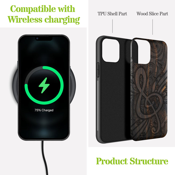 Zen Doodle Treble Clef, Classic Engraved Wood & TPU Case - Artisanal Cover for Apple iPhone