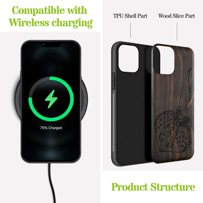 Stingray in Scratch Board Artistry, Classic Engraved Wood & TPU Case - Artisanal Cover for Apple iPhone