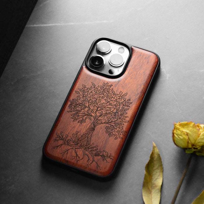 The Fairy Tree Line Art, Classic Engraved Wood & TPU Case - Artisanal Cover for Apple iPhone