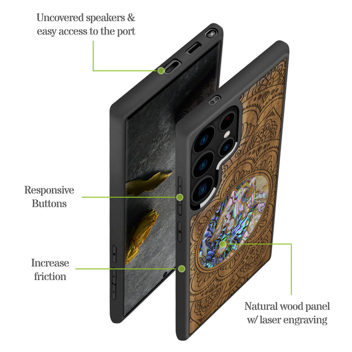 Yin-Yang Wolves Amidst Paisley, Hand-Inlaid Wood & Mother of Pearl Case - Artisanal Cover for Samsung Galaxy