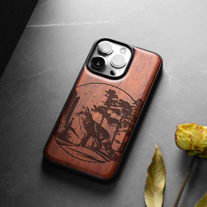 The Enchanting Fox, Classic Engraved Wood & TPU Case - Artisanal Cover for Apple iPhone