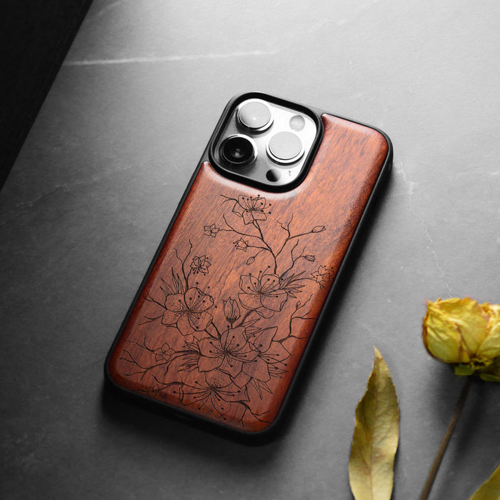 Sakura Sketch, Classic Engraved Wood & TPU Case - Artisanal Cover for Apple iPhone