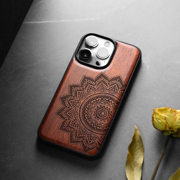 The Half Mandala Lace Art, Classic Engraved Wood & TPU Case - Artisanal Cover for Apple iPhone