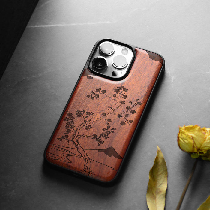 Cherry Blossom, Classic Engraved Wood & TPU Case - Artisanal Cover for Apple iPhone