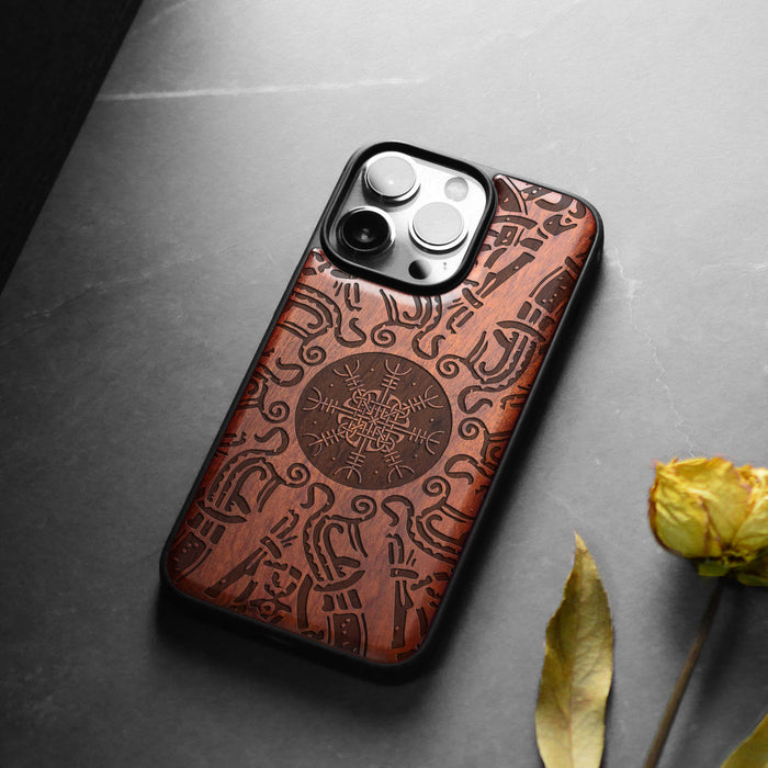 Viking Shield, Classic Engraved Wood & TPU Case - Artisanal Cover for Apple iPhone