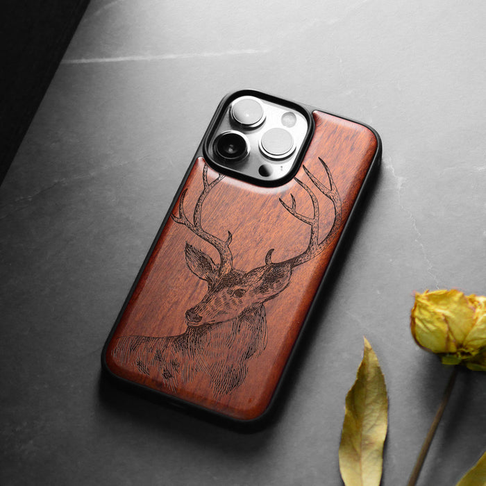 The Half-Length Deer Linework Art, Classic Engraved Wood & TPU Case - Artisanal Cover for Apple iPhone