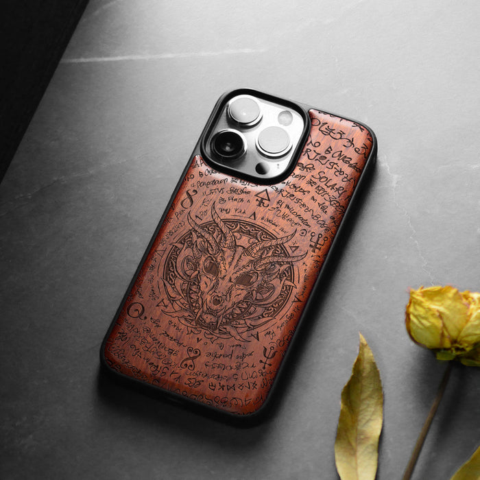 Dragon Skull within an Octagonal Star, Classic Engraved Wood & TPU Case - Artisanal Cover for Apple iPhone