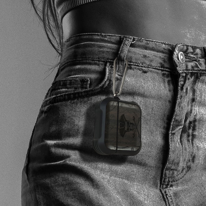 The Pirate's Legacy - Wood Artisan Engraved & Shell Hand-Inlaid Cover - Artisanal Case for Apple AirPods (Titanium Quick Released Clasp)