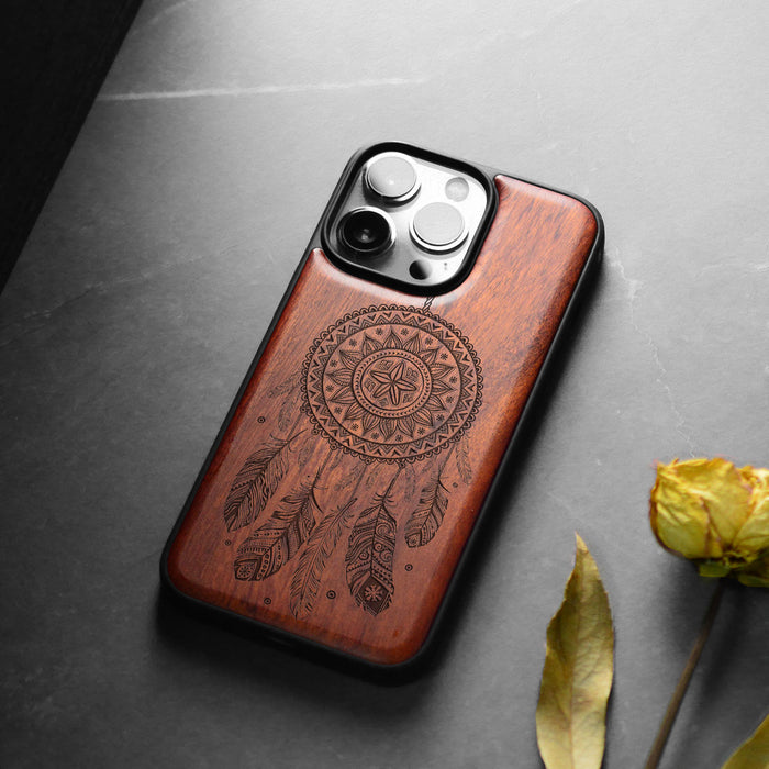 The Dreamcatcher's Embrace, Classic Engraved Wood & TPU Case - Artisanal Cover for Apple iPhone