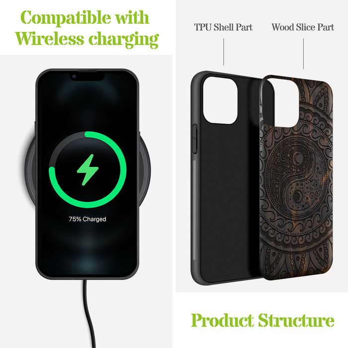 The Yin Yang Paisley, Classic Engraved Wood & TPU Case - Artisanal Cover for Apple iPhone