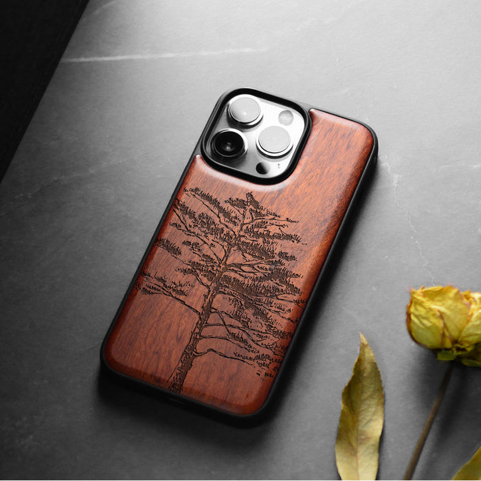Vintage Pine Tree Sketch Classic Engraved Wood & TPU Case Apple iPhone Artisanal Case View