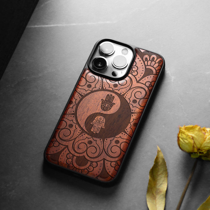 The Hamsa Yin-Yang Mandala, Classic Engraved Wood & TPU Case - Artisanal Cover for Apple iPhone