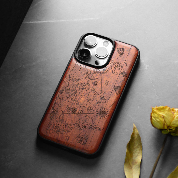 Physical World Map, Classic Engraved Wood & TPU Case - Artisanal Cover for Apple iPhone