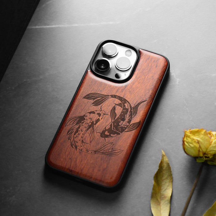 Yin-Yang Koi, Classic Engraved Wood & TPU Case - Artisanal Cover for Apple iPhone